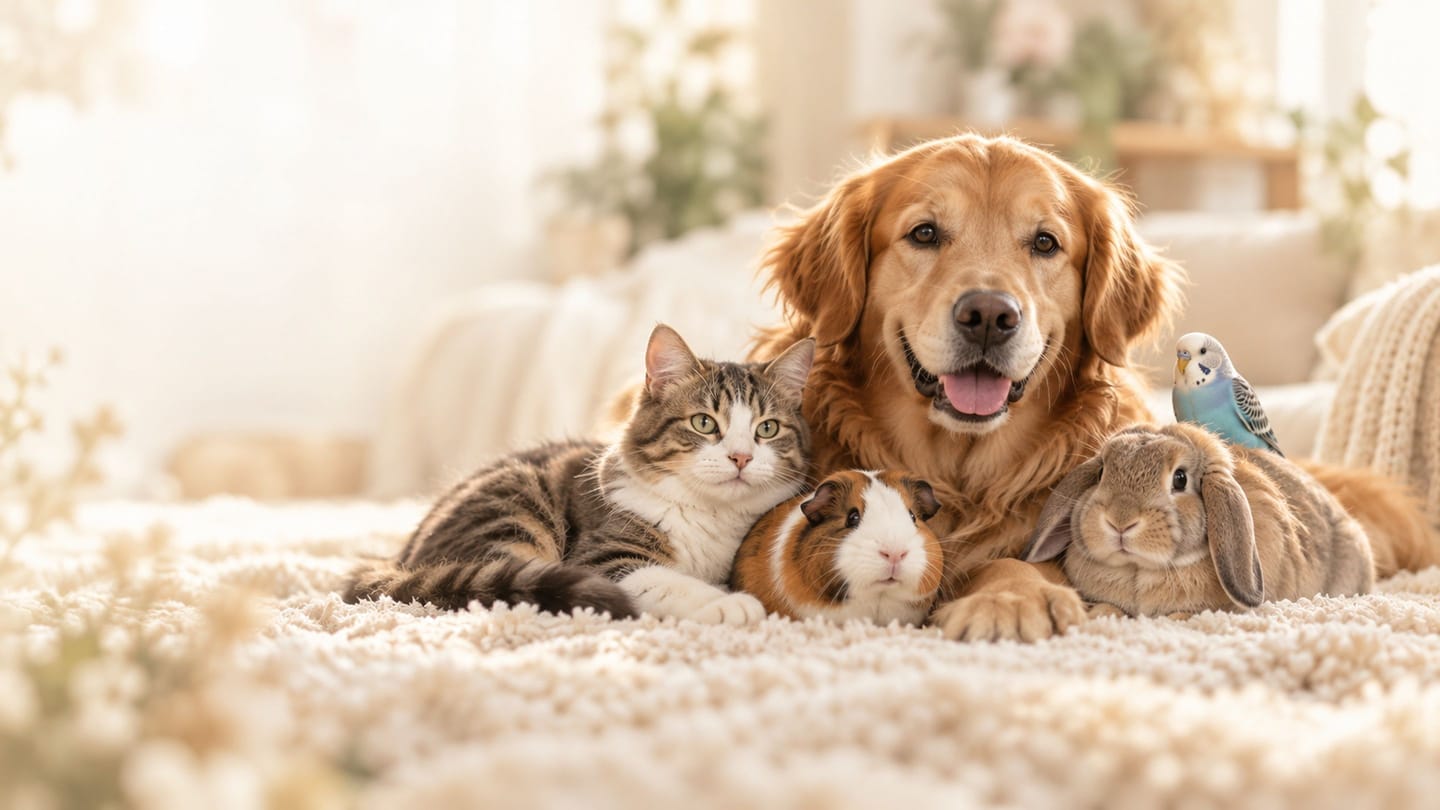 Een golden retriever ligt op een zacht kleed met een kat, een cavia, een konijn en een parkiet.